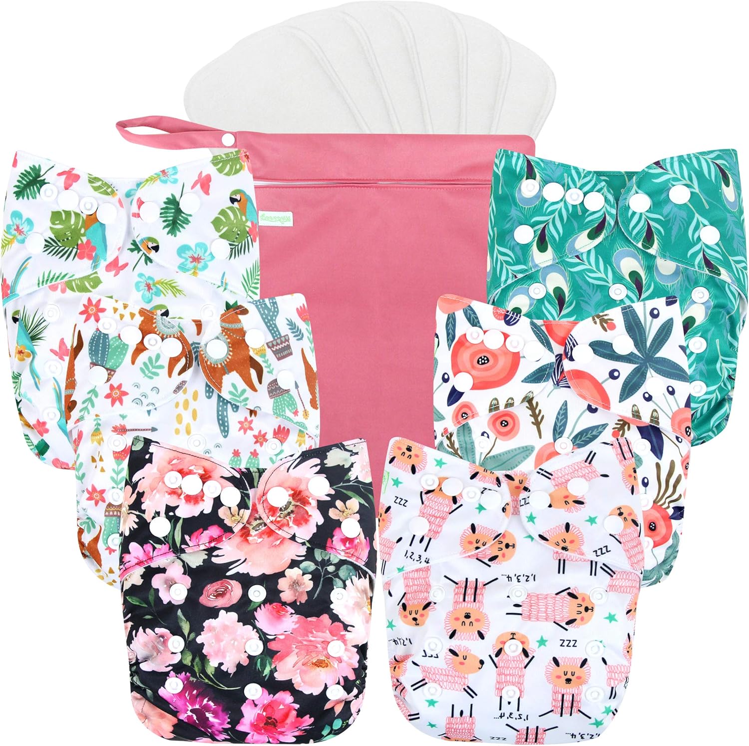 Wegreeco cloth diapers six pack with flower prints front view showing adjustable snaps.