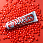 Luxury Italian imported cinnamon mint toothpaste by Marvis on counter
