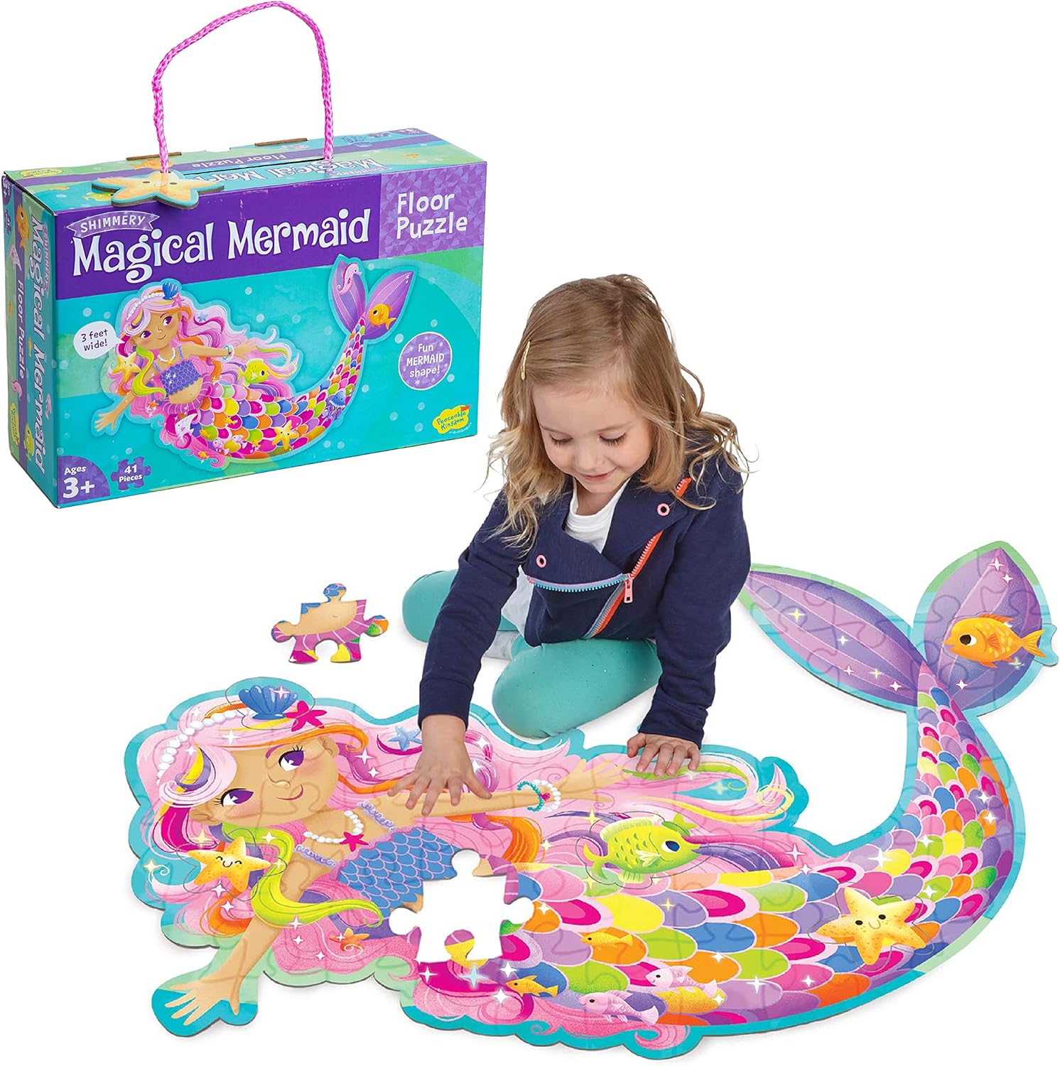 Peaceable Kingdom Shimmery Magical Mermaid Floor Puzzle front view of the packaging box with handle.