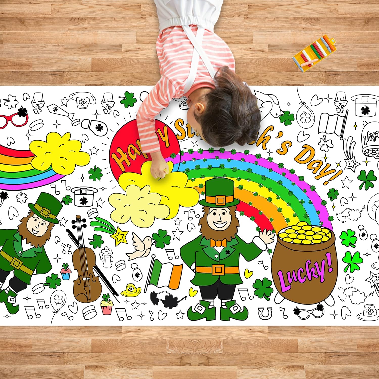 OHOME St Patricks Day giant coloring poster spread out flat on a table showing black and white leprechaun illustrations