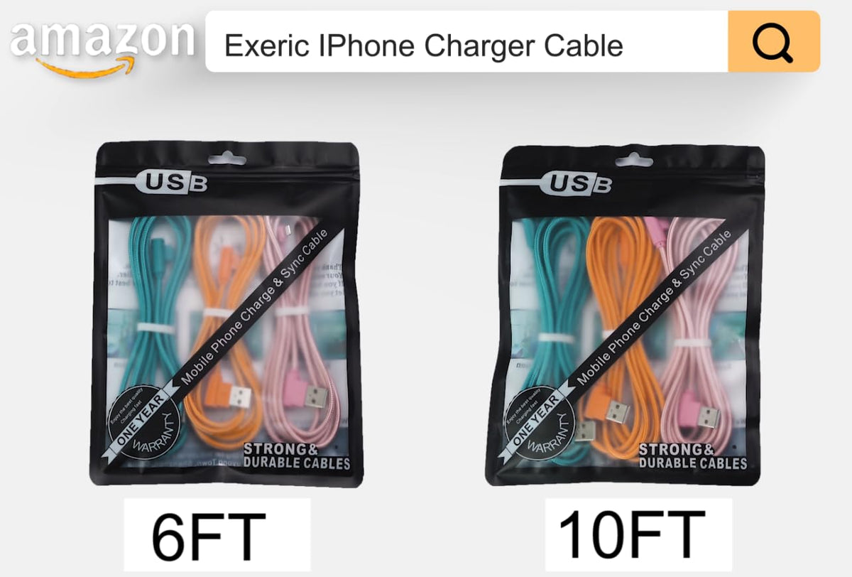 Full commercial product packaging layout of the Exeric ten feet premium Apple charging cables assortment.