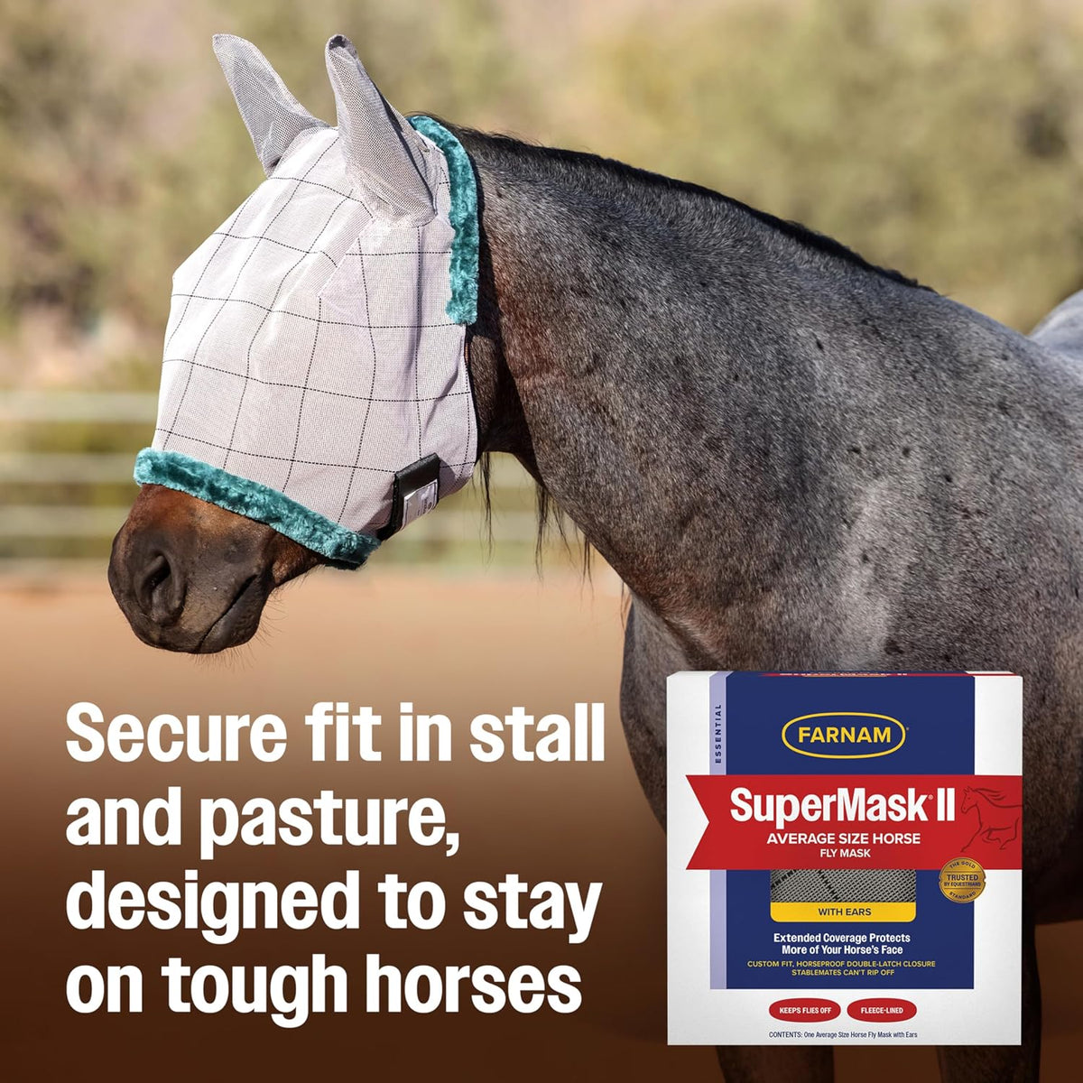 Farnam SuperMask II Horse Fly Mask WITH EARS, Extended Coverage Equine Fly Protection, Protects Eyes from Insects, Debris & UV, Adjustable Throat Latch, Plush Fleece Trim, Average Size - Image 9