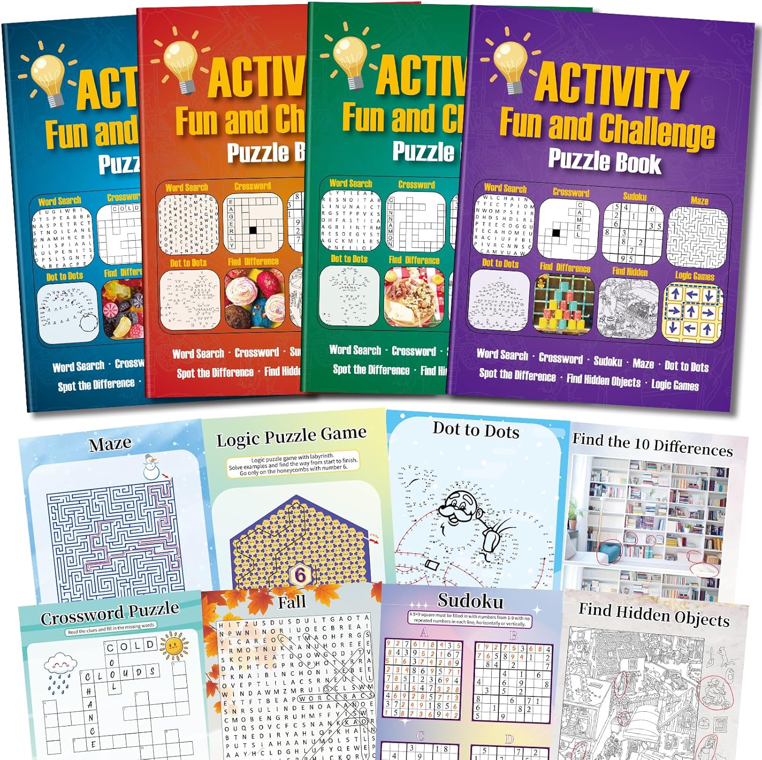 Elfew 4 Pack Activity Book For Adults front view showing four colorful covers