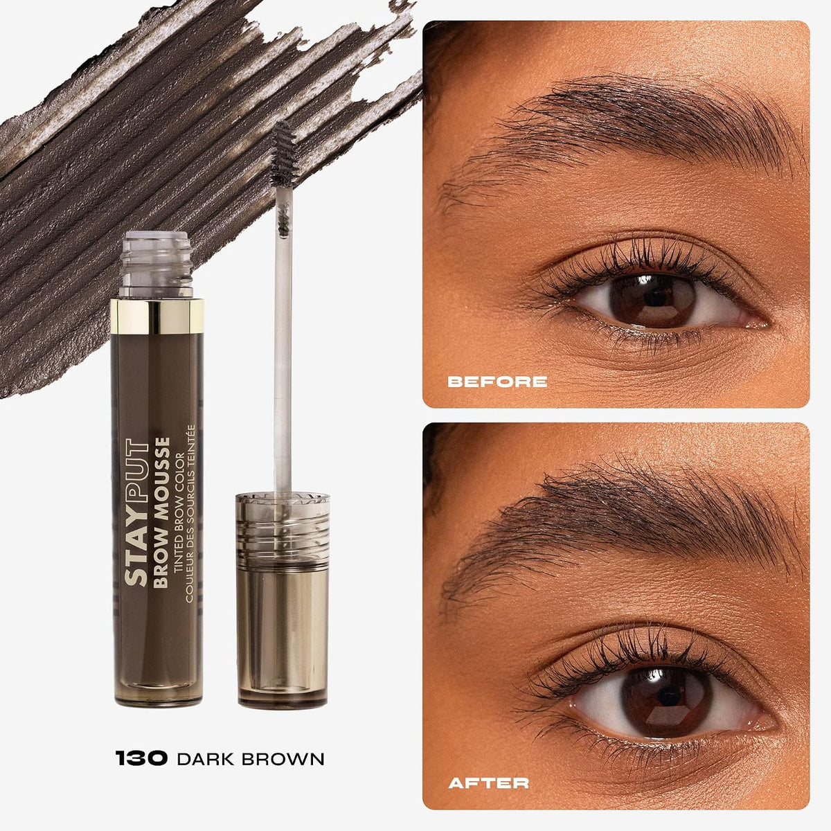 Milani liquid brow mousse bottle showcasing the Dark Brown shade tint.