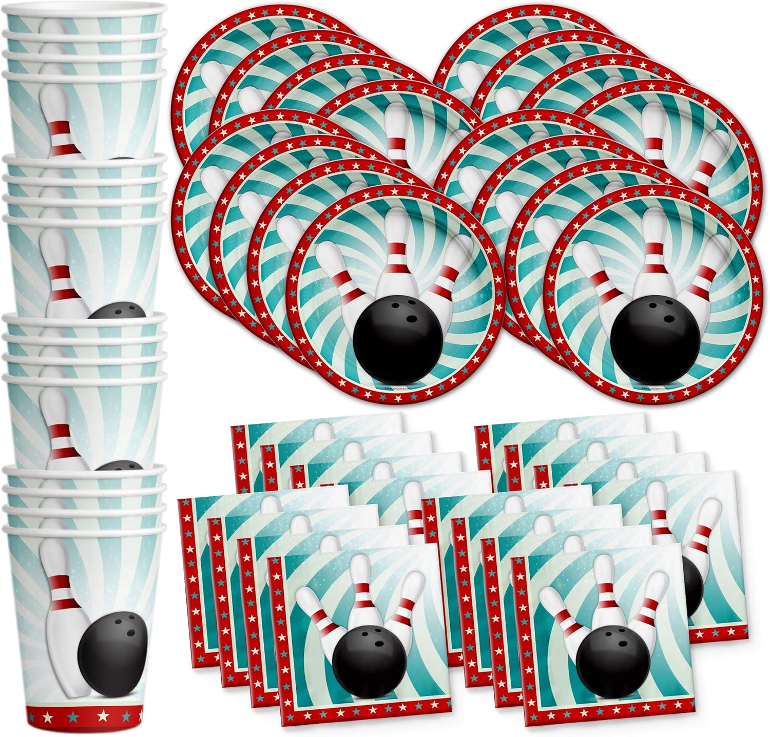 Birthday Galore Bowling Fun Birthday Party Supplies Set front view showcasing coordinated plates cups and napkins