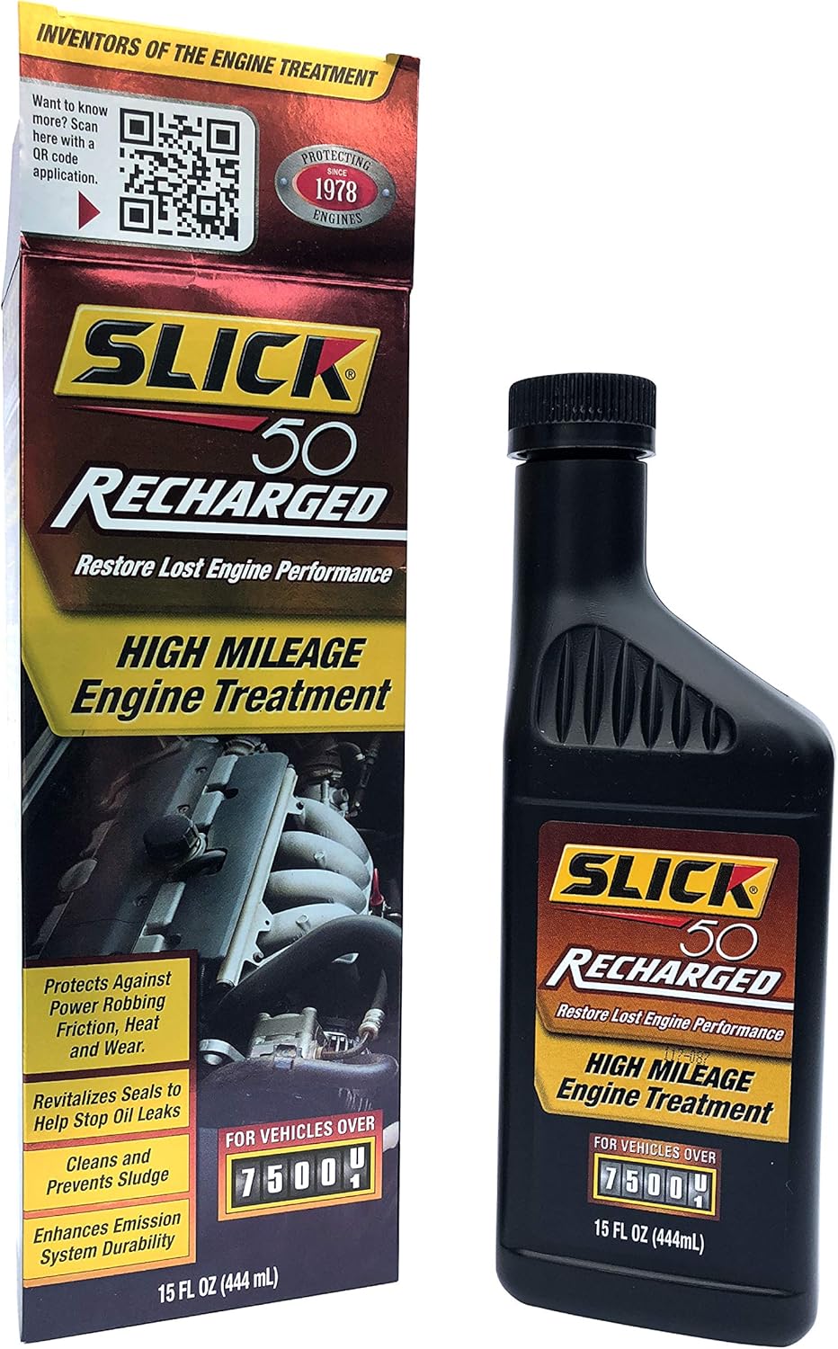 Slick 50 Recharged High Mileage Engine Treatment 15 Fluid Ounce bottle front view for car maintenance