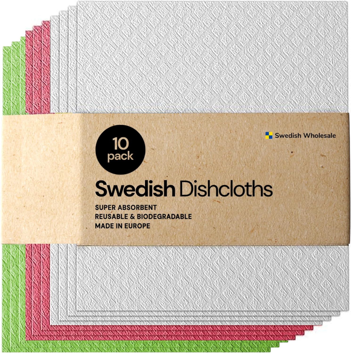 Swedish Wholesale Cellulose Sponge Dishcloths 10 pack front view assorted colors