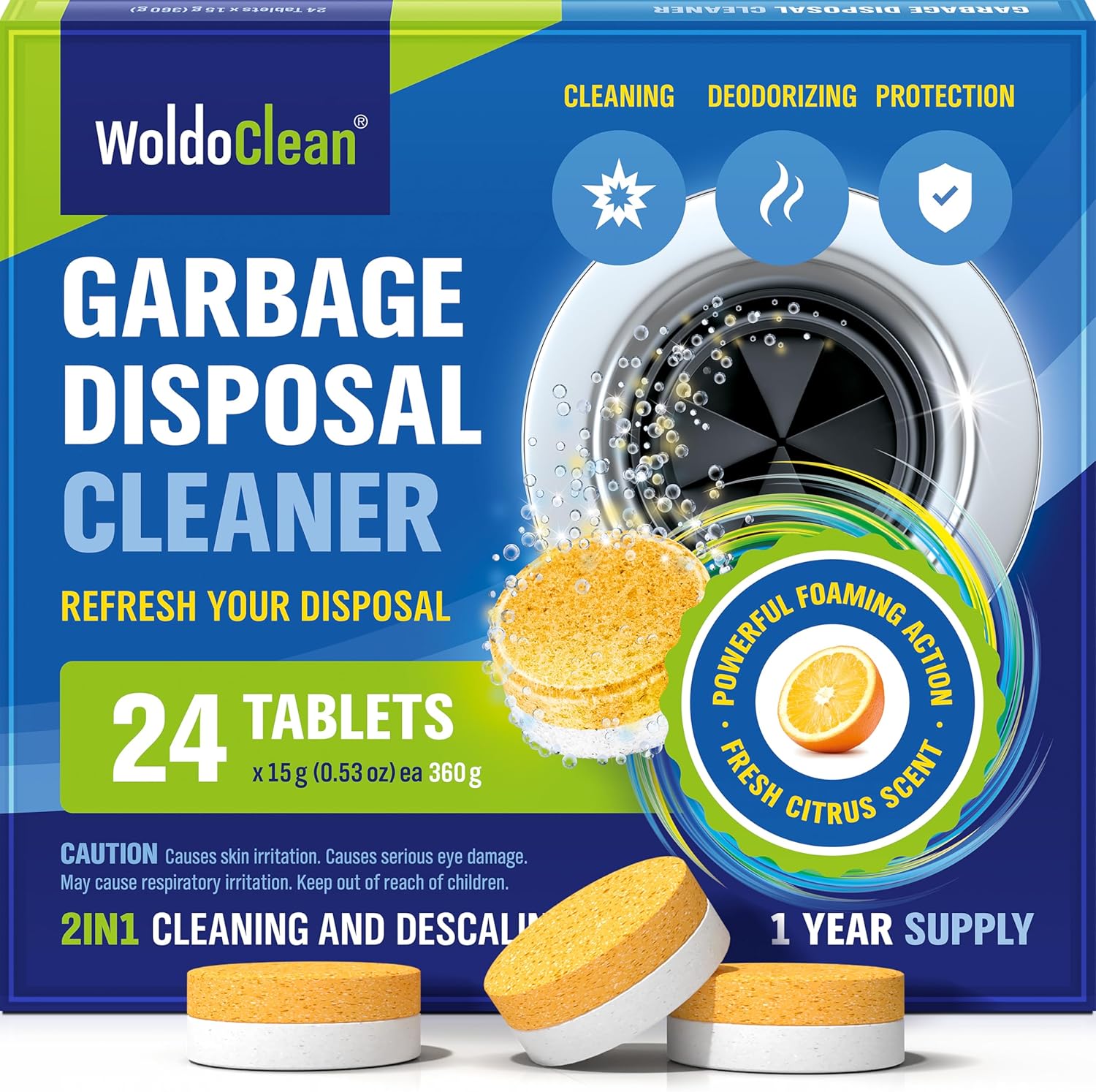 WoldoClean garbage disposal cleaner tablets 24 pack front view