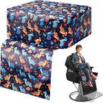 Threehoney salon booster seat front view showcasing navy blue leather and colorful dinosaur pattern