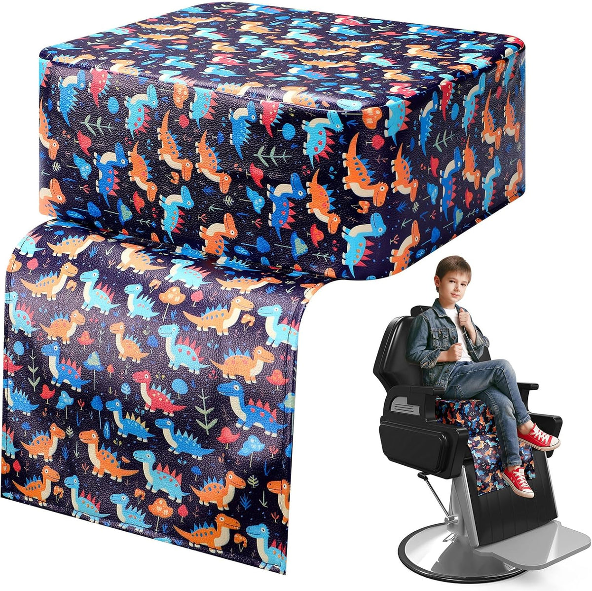 Threehoney salon booster seat front view showcasing navy blue leather and colorful dinosaur pattern