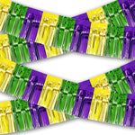 OHOME Mardi Gras decorations front view showing purple gold and green metallic tinsel fringe streamers
