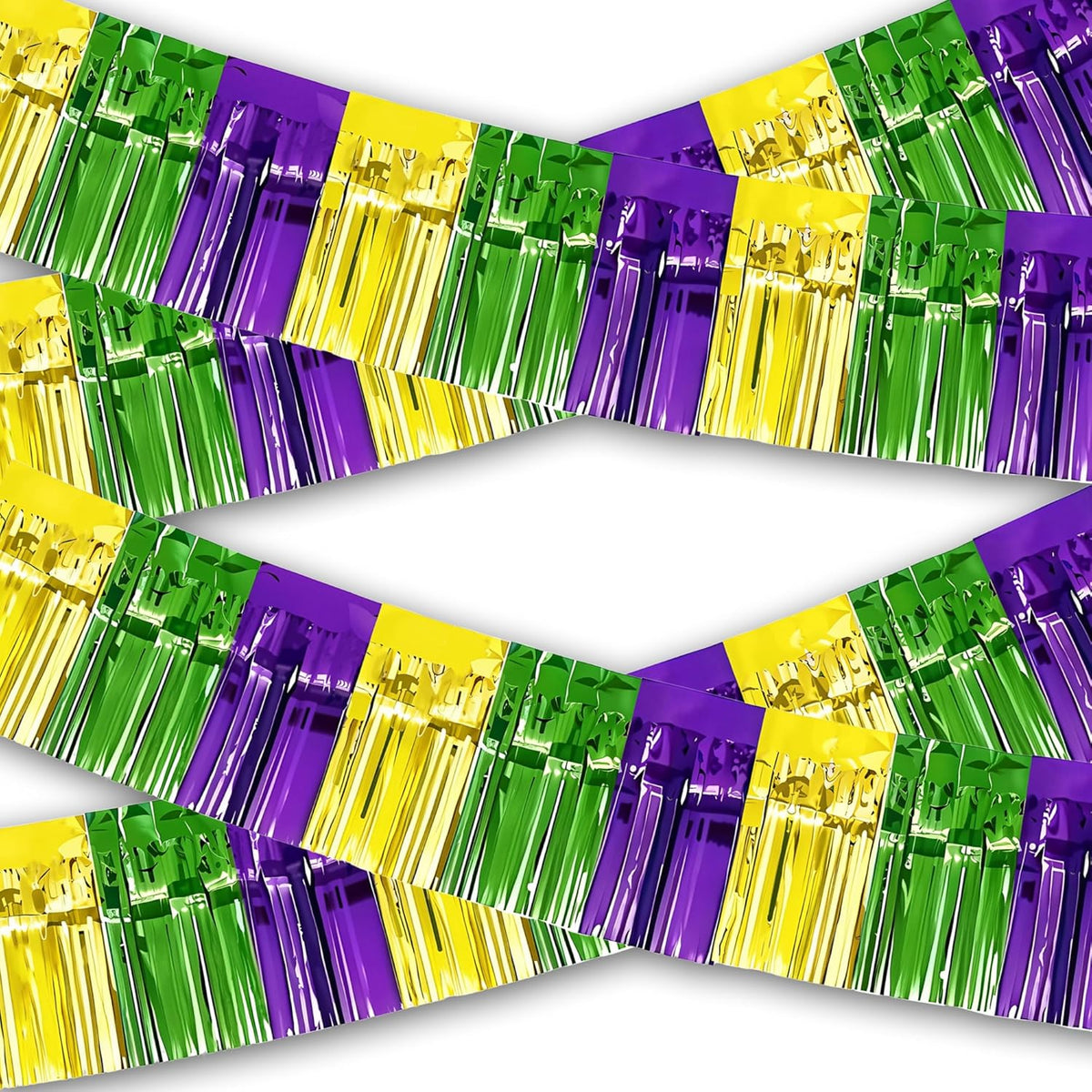 OHOME Mardi Gras decorations front view showing purple gold and green metallic tinsel fringe streamers