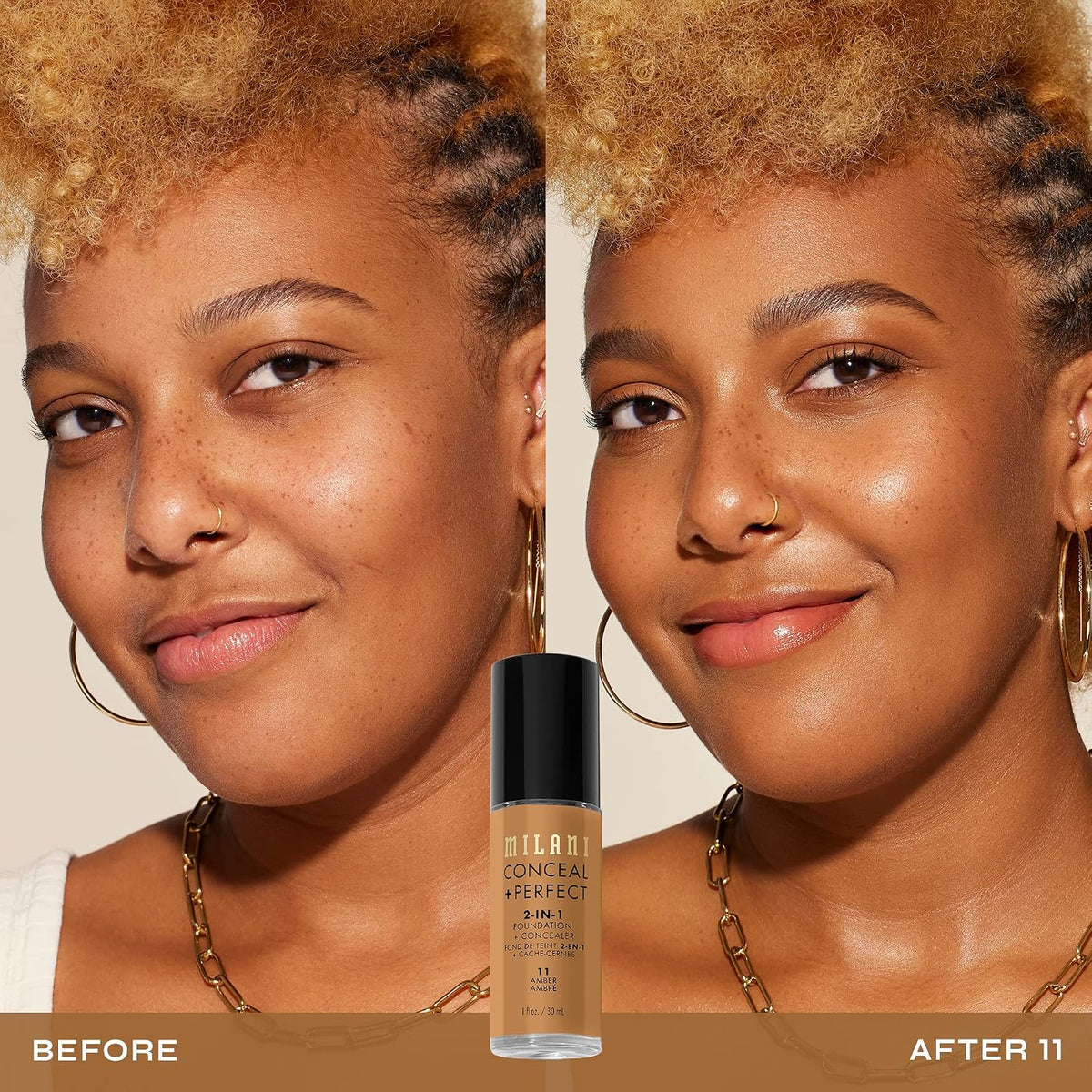Milani foundation bottle side profile showing product information