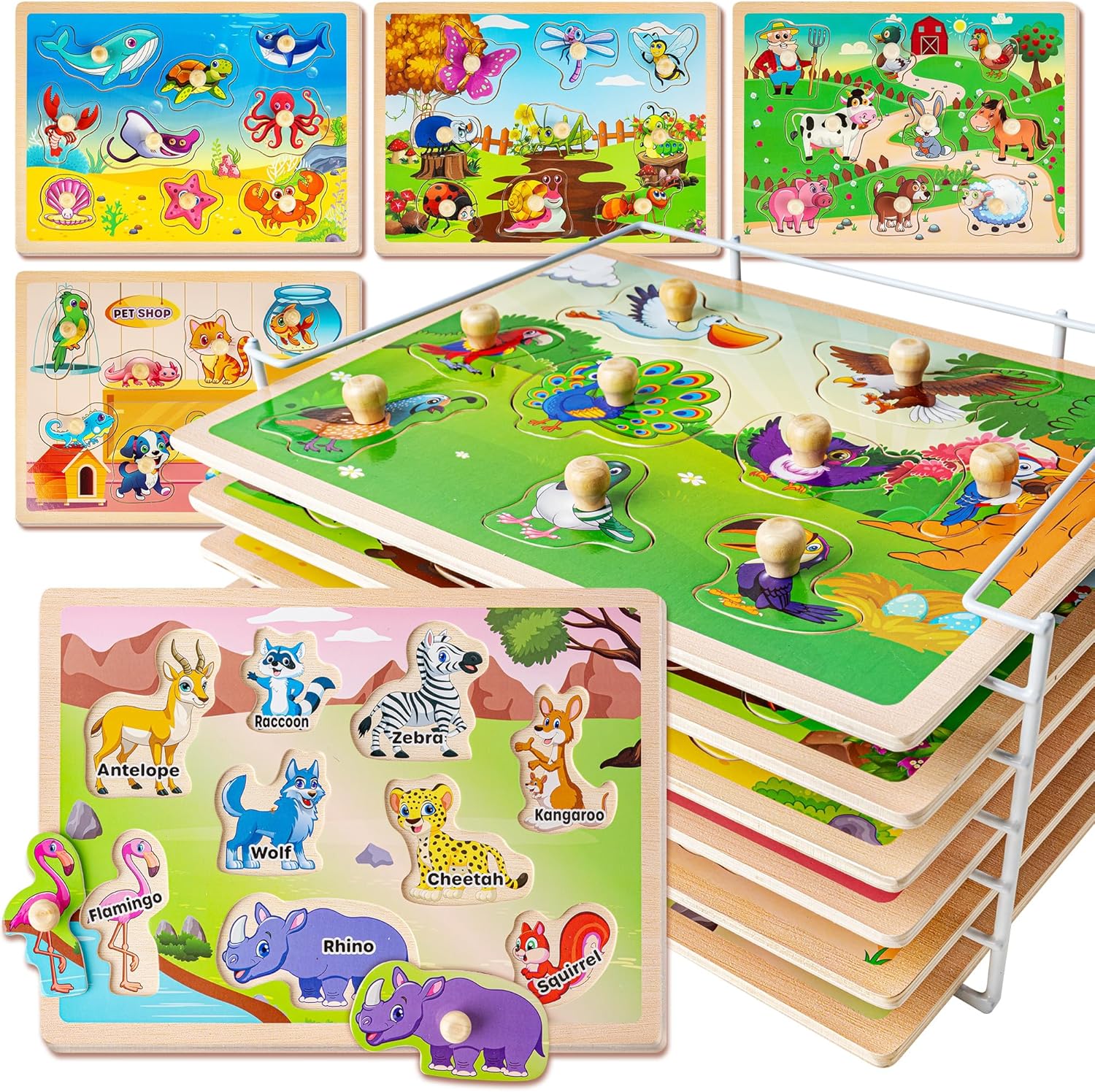 SYNARRY wooden puzzles for toddlers set front view showing six colorful animal boards stacked in the rack
