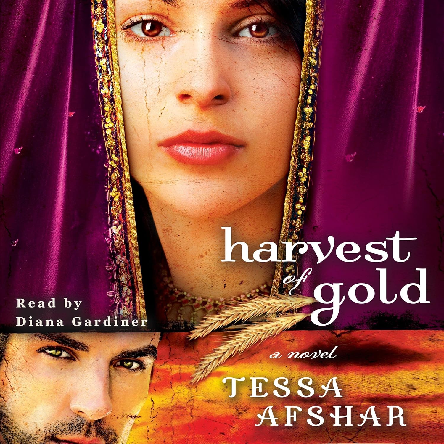 Tessa Afshar Harvest of Gold book cover featuring a woman in a purple head covering front view