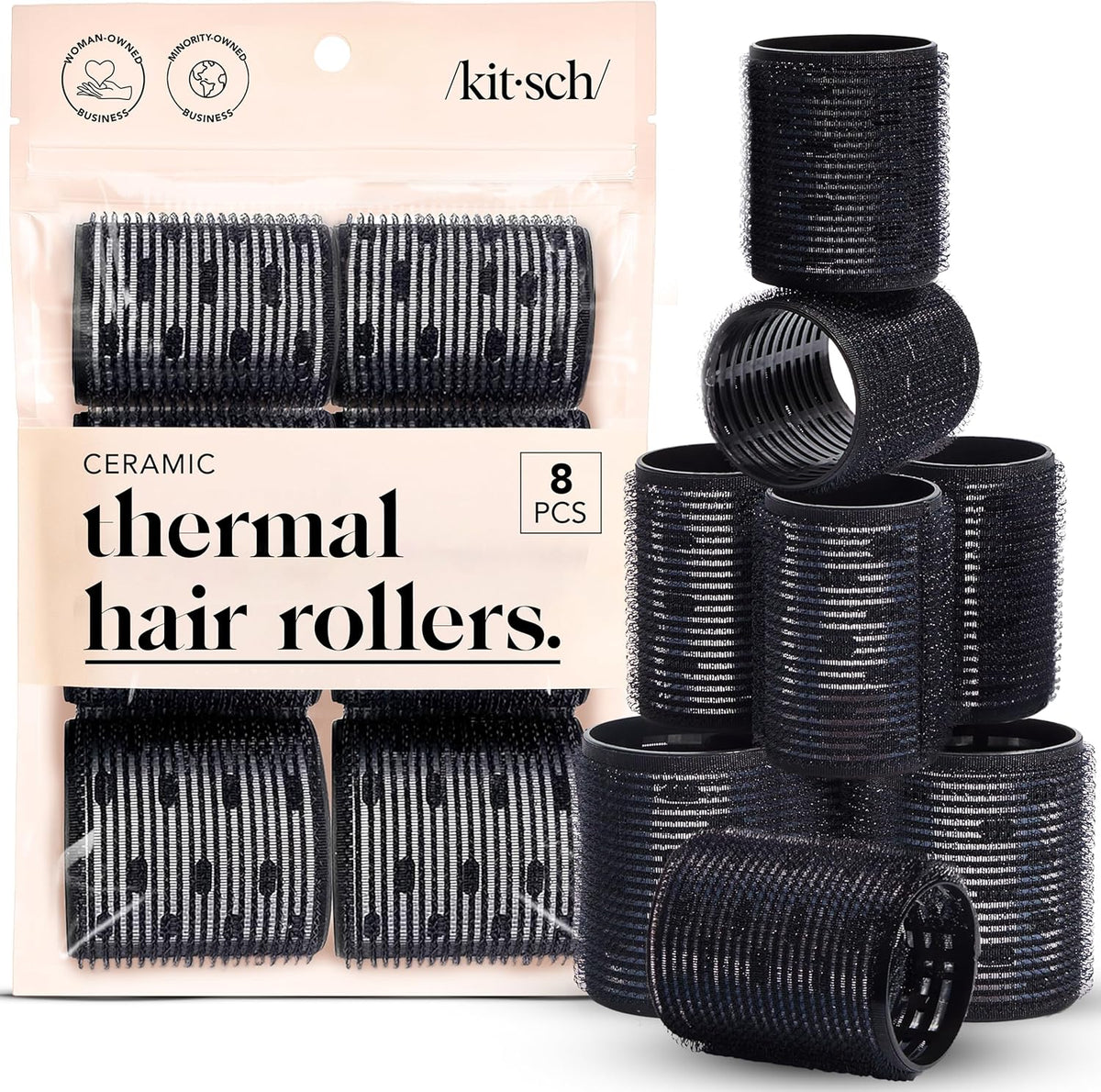 Kitsch Ceramic Thermal Hair Rollers front view of eight piece black set