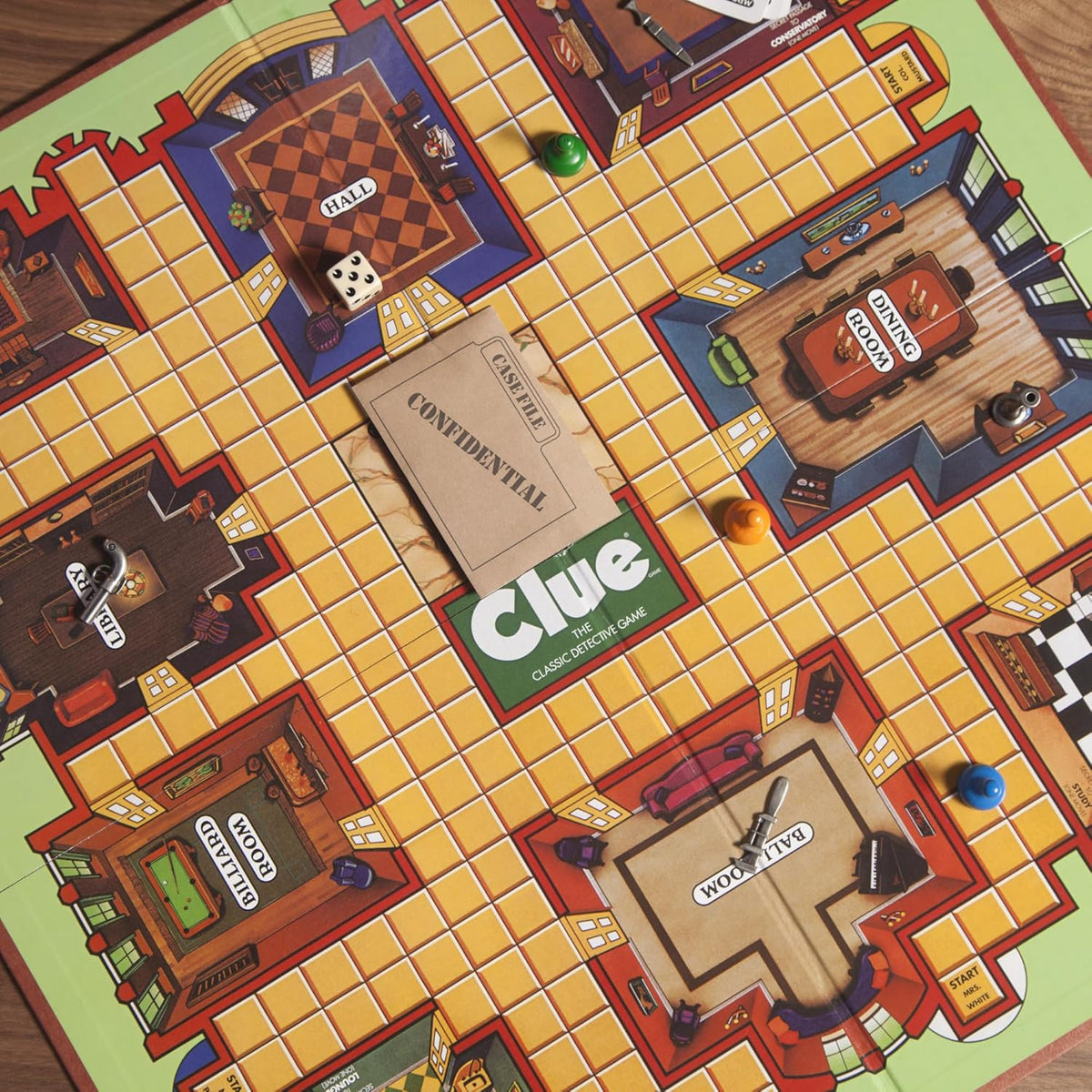 Hasbro retro clue board game box and vintage components