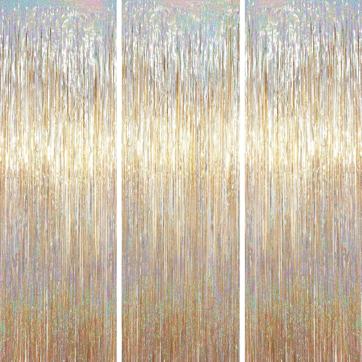 Voircoloria foil fringe backdrop curtains champagne front view celebration layout
