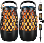 IXTECH outdoor bluetooth speakers 2 pack front view showing modern tiki torch design with orange flame light effect