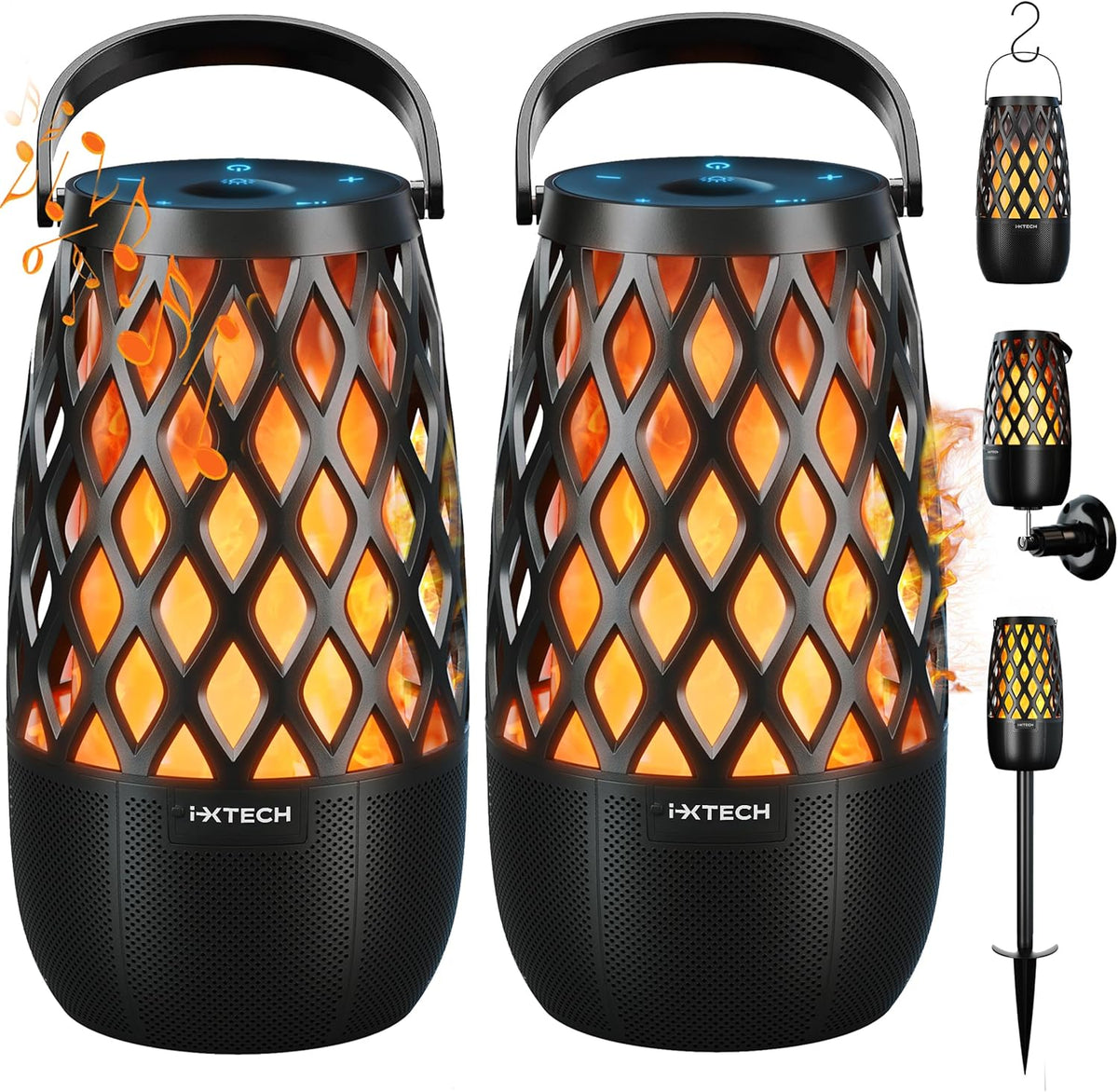 IXTECH outdoor bluetooth speakers 2 pack front view showing modern tiki torch design with orange flame light effect