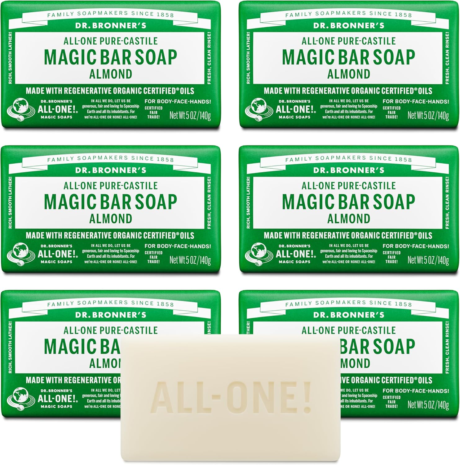 Dr. Bronner's Pure-Castile Magic Bar Soap Almond 6-Pack front view showing organic product packaging.