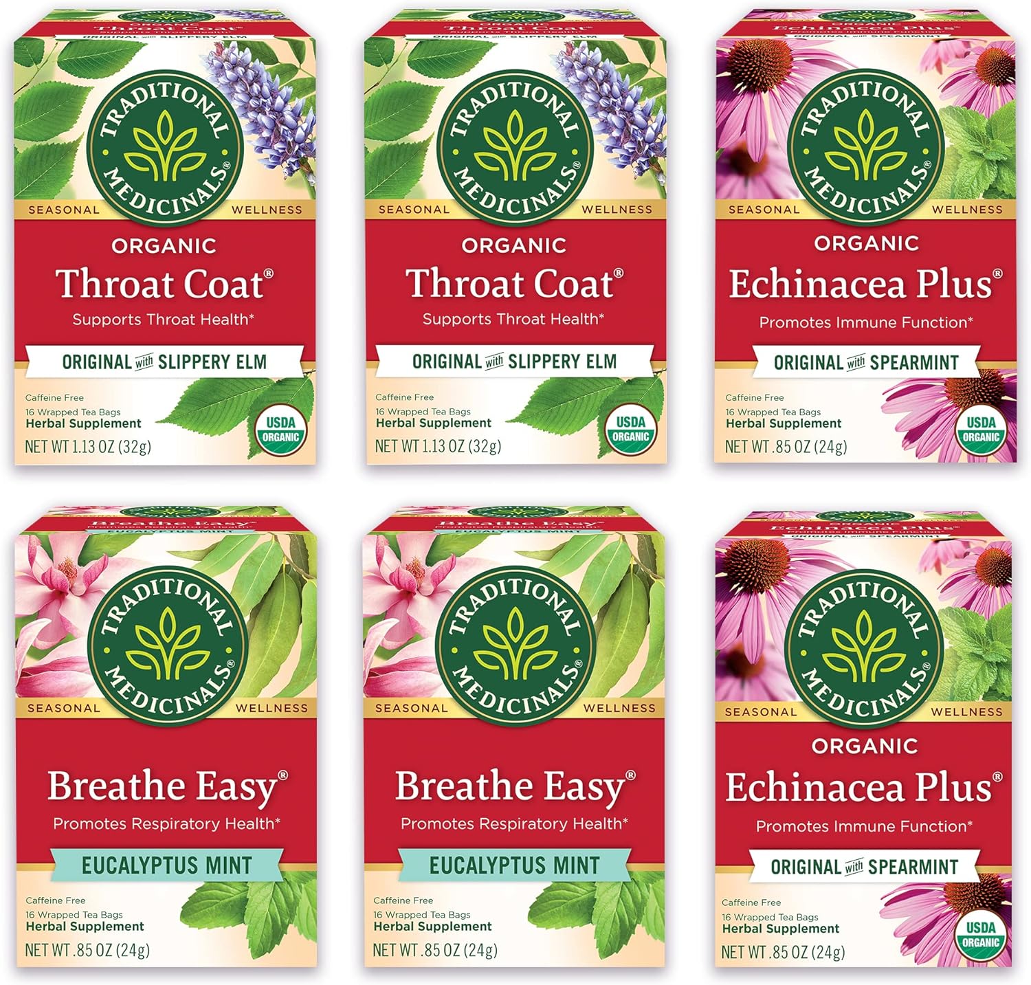 Traditional Medicinals Tea Organic Seasonal Care Variety Pack, Throat Coat, Echinacea, Breathe Easy with Eucalyptus to Support Respiratory Health, 96 Tea Bags, (6 Pack) - Image 1