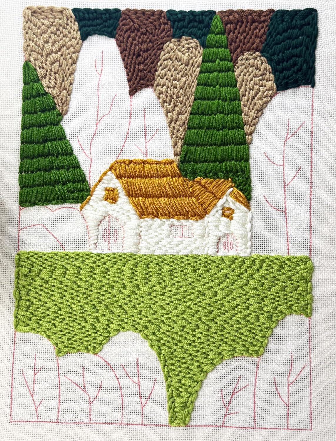 Clberni punch needle kit finished woodland cottage texture view