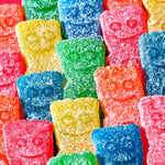 Resealable share size pouch of oversized assorted fruit flavor gummies.