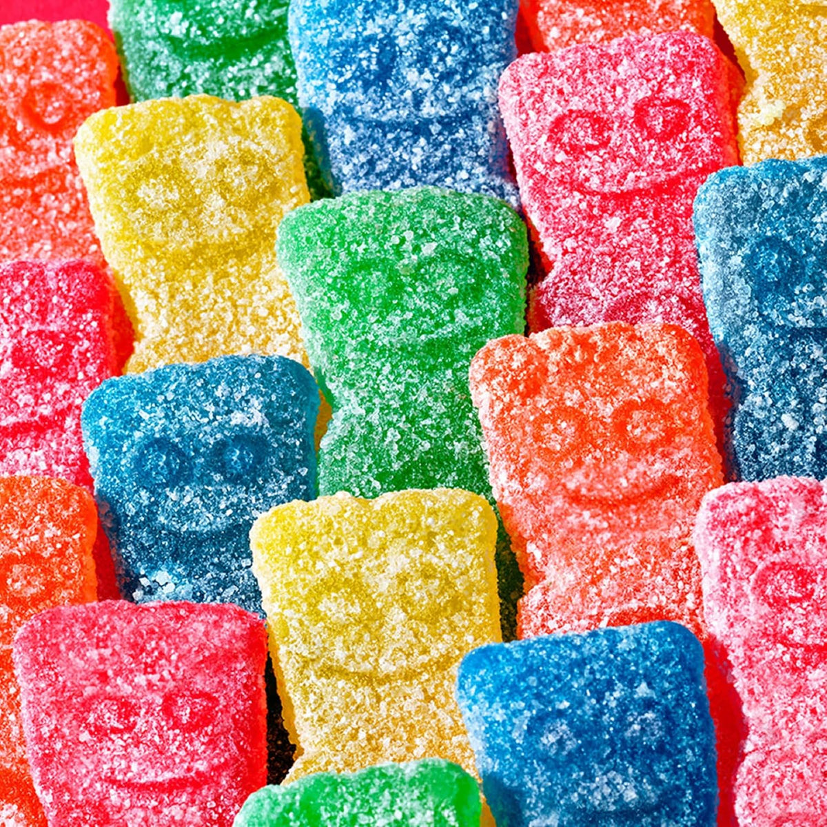 Resealable share size pouch of oversized assorted fruit flavor gummies.