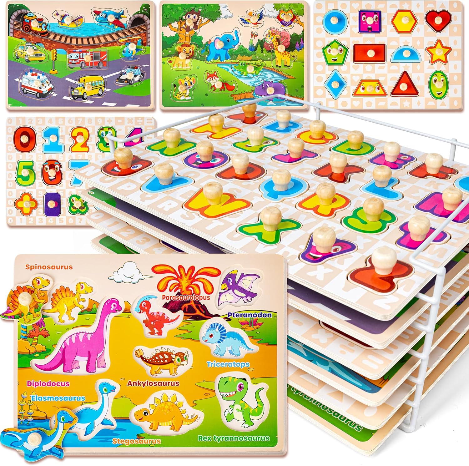 SYNARRY Wooden Puzzles for Toddlers six pack set showing the alphabet and numbers boards in a front view.