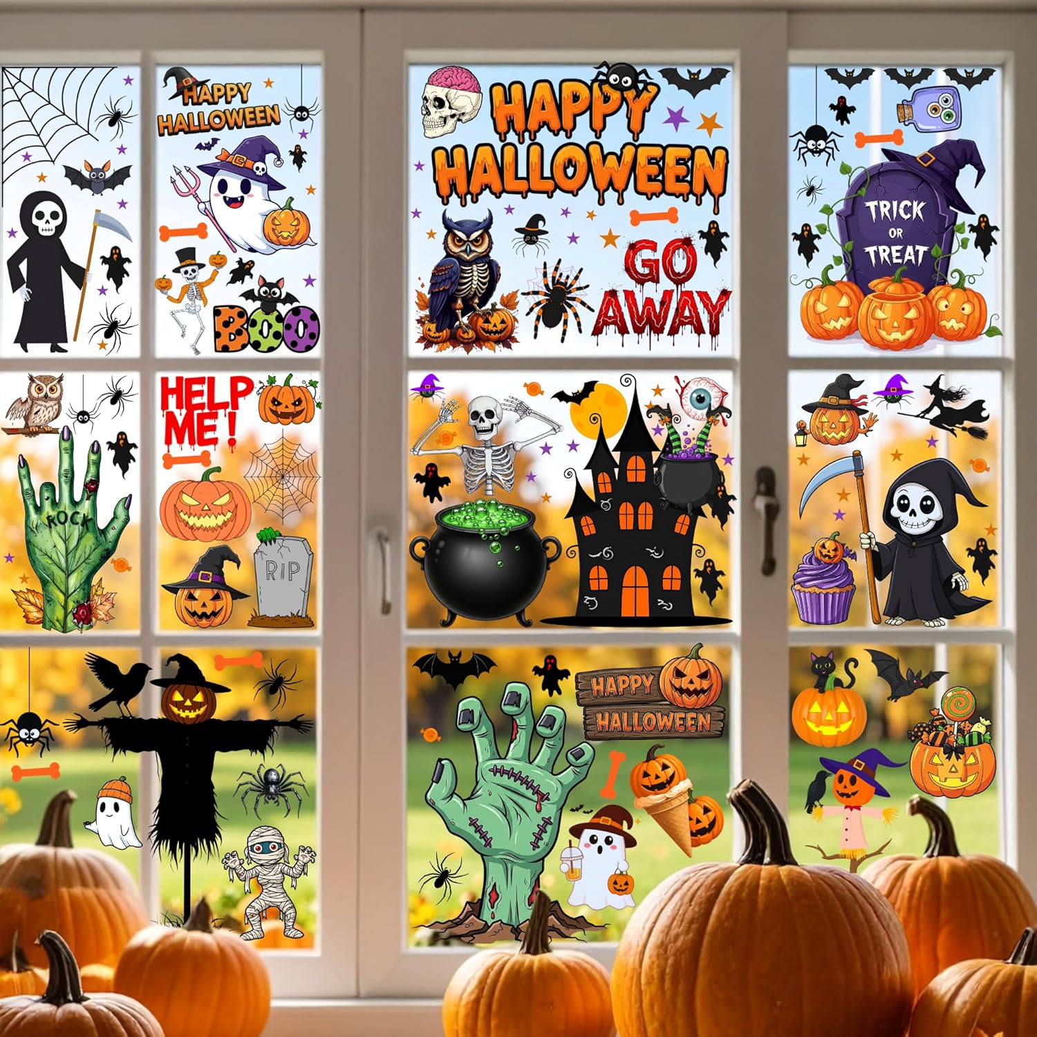 Backtopeia Halloween window cling stickers front view featuring pumpkin and ghost designs.