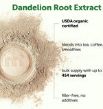 Organic dandelion root extract powder texture and fine grain close up