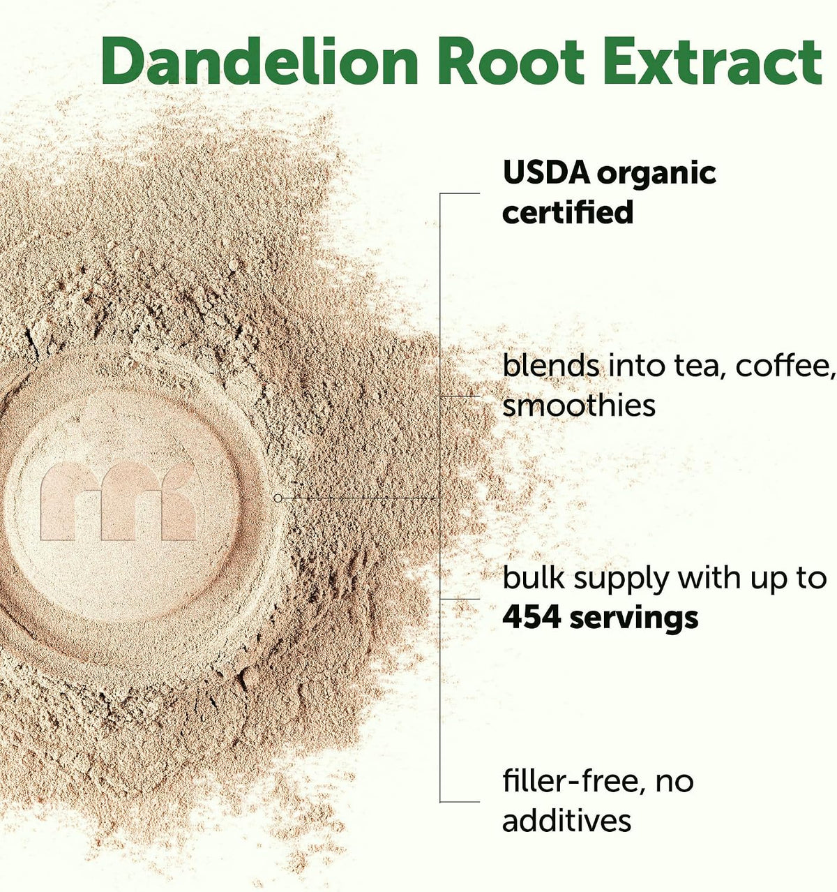 Organic dandelion root extract powder texture and fine grain close up