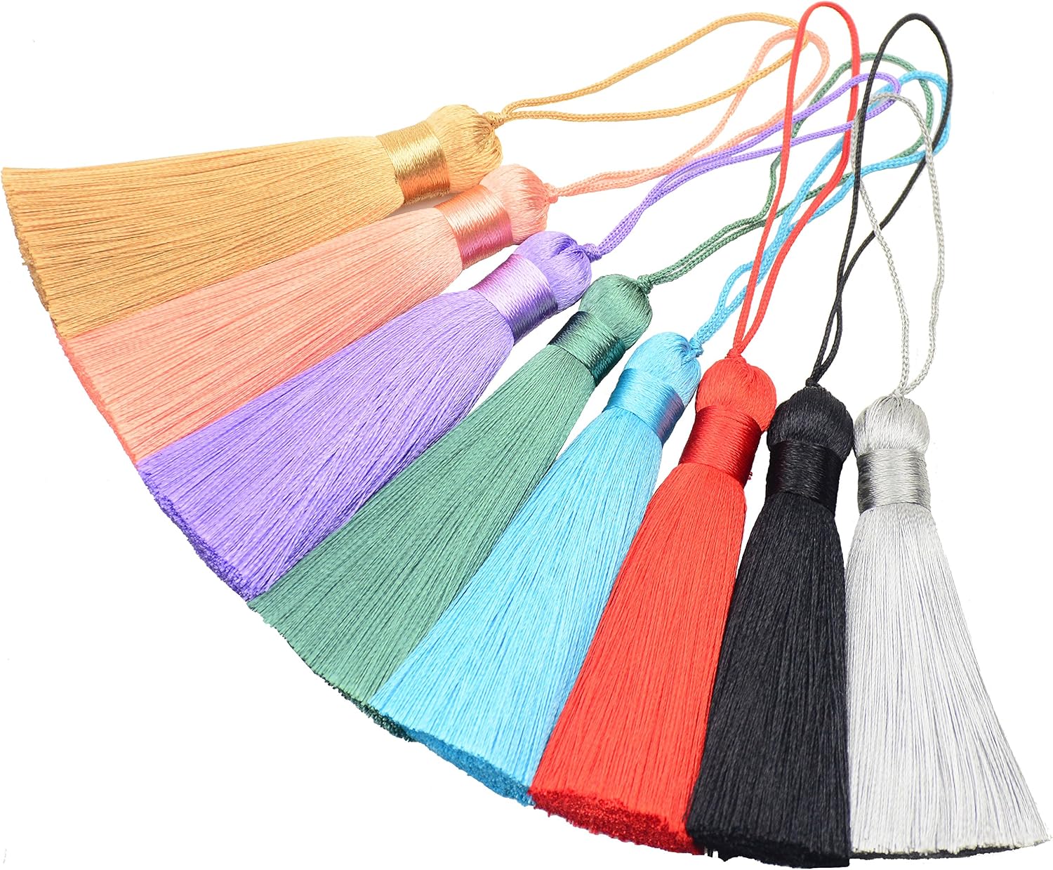 Makhry 6.28 inch silky tassels front view multi color craft accessory