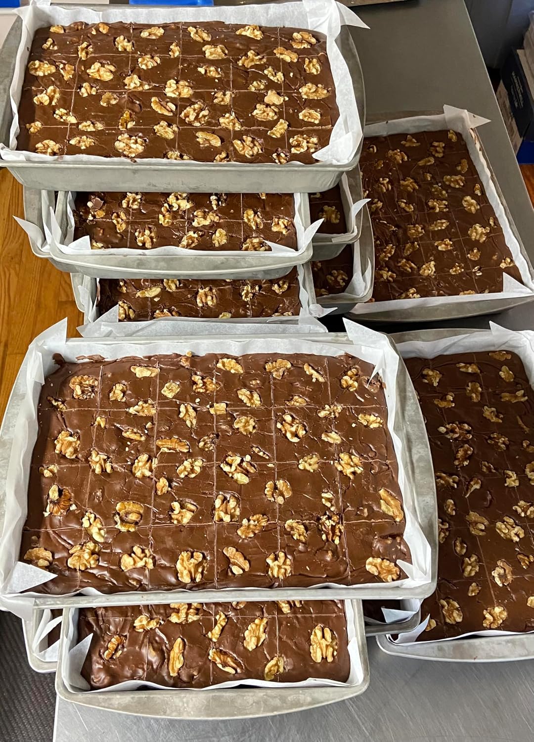 Thick creamy chocolate fudge squares packed with fresh California walnuts