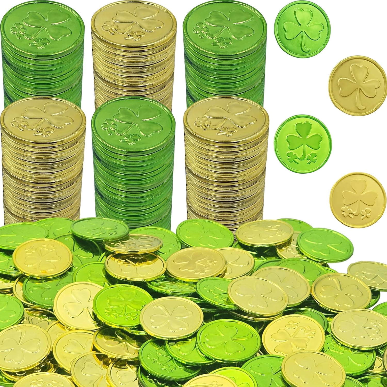 The Dreidel Company St. Patrick's Shamrock Plastic Coins front view showcasing green and gold holiday tokens.
