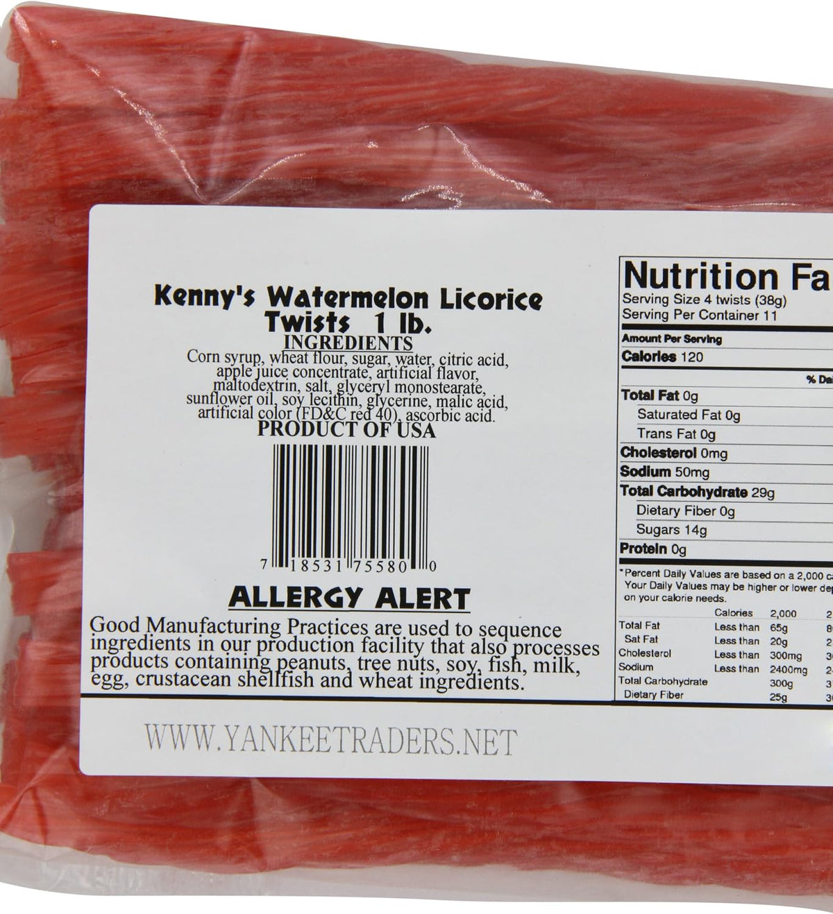 Kenny's Watermelon Licorice Twists package back view showing ingredients and nutritional facts.