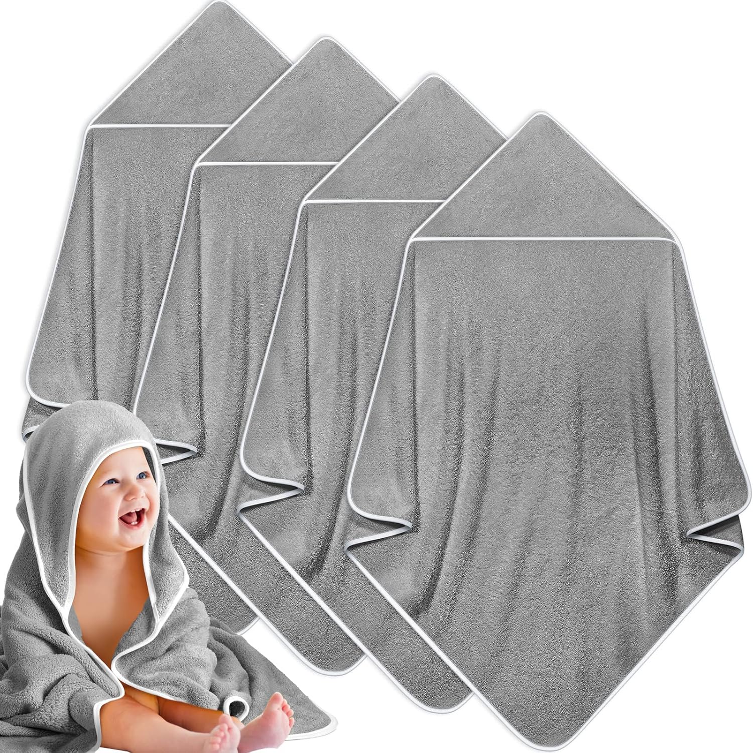 Reginary 4 Pack Baby Hooded Towels Coral Fleece Baby Bath Towels 30 x 30 Inch Soft Absorbent Hooded Bath Blanket for Newborn Toddler Infant Boy Girl Shower Gift Supplies (Gray) - Image 1