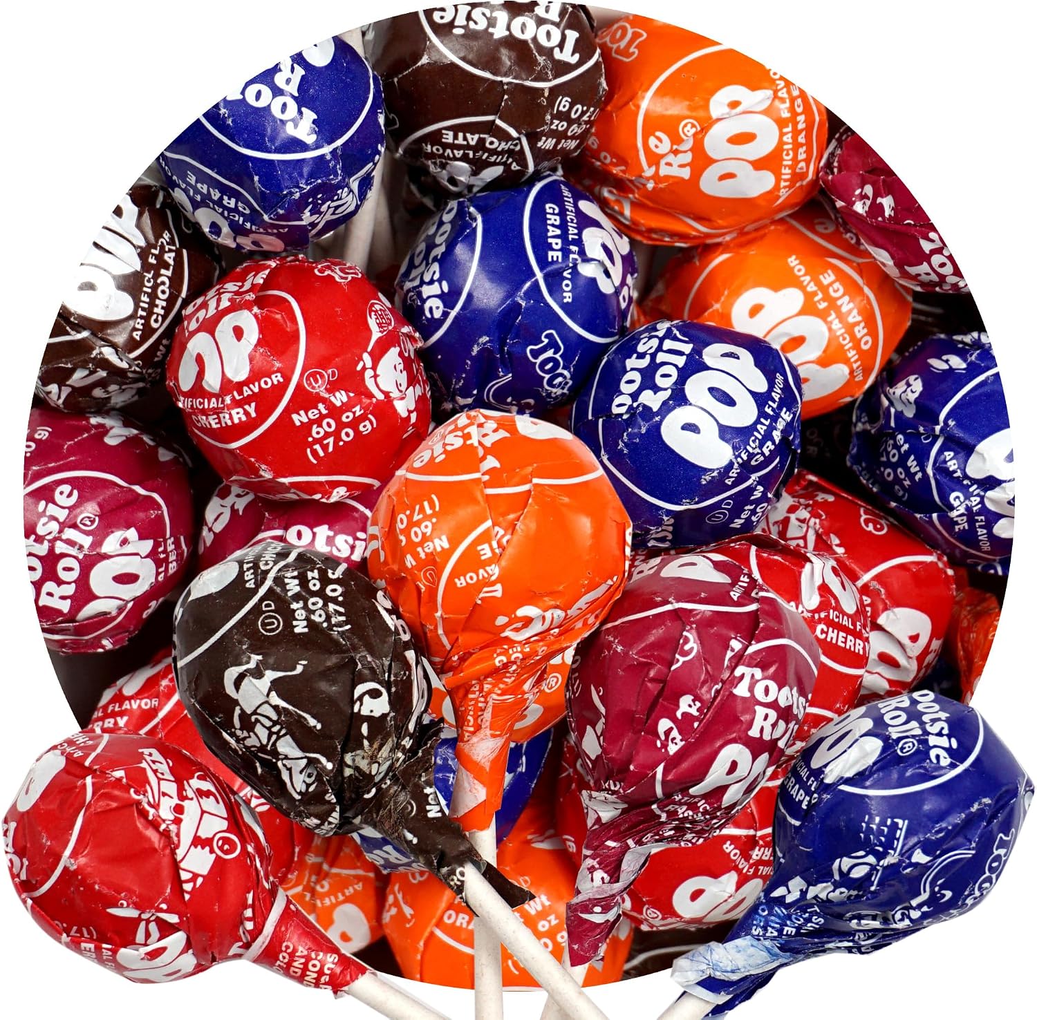The Hampton Popcorn Company Tootsie Roll Pops front packaging view showing assorted fruit flavors.