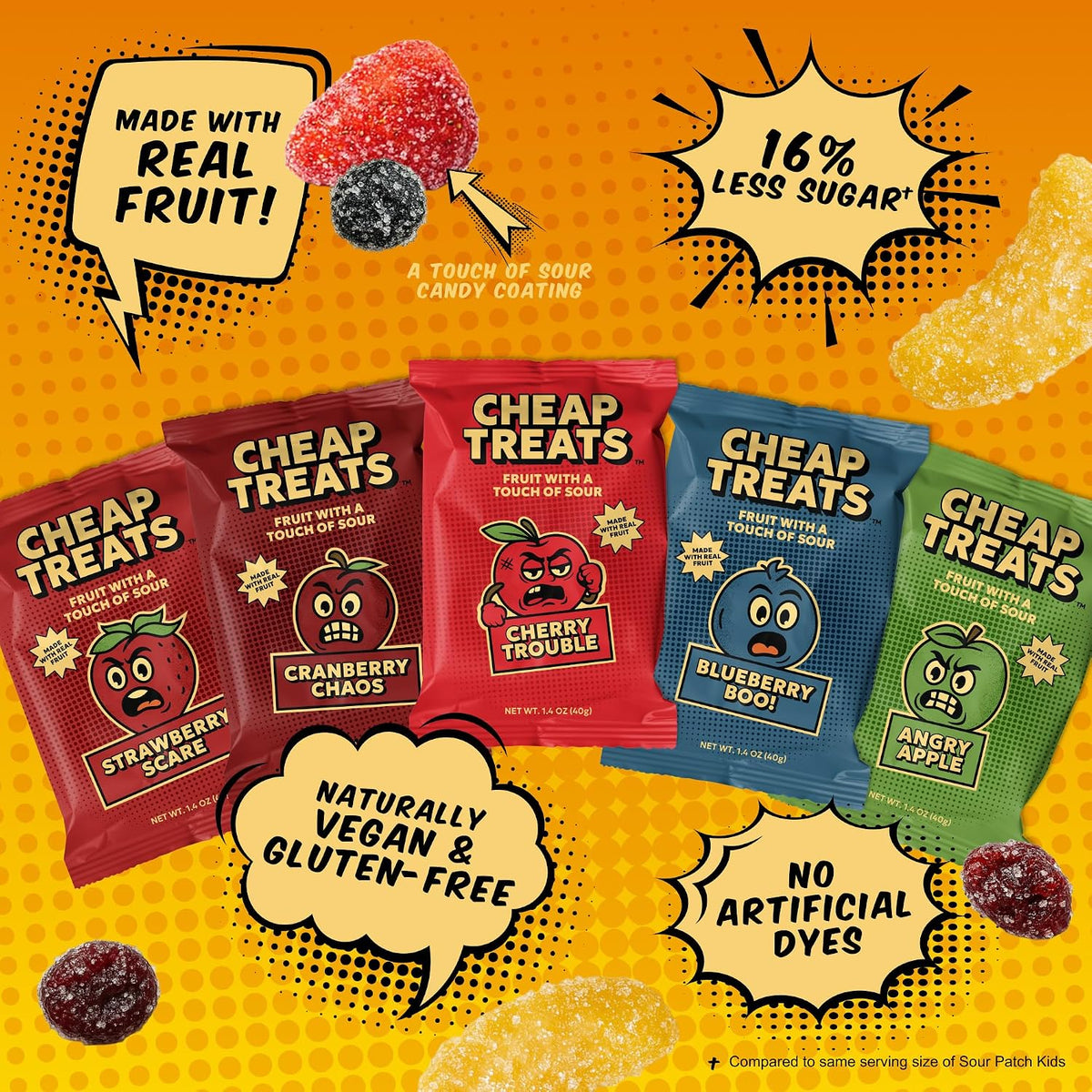 Ten flavor assortment of gluten free sour candy pieces displayed together.