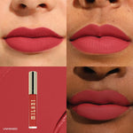 Texture swatch of Milani Stay Put soft focus matte liquid lip color.
