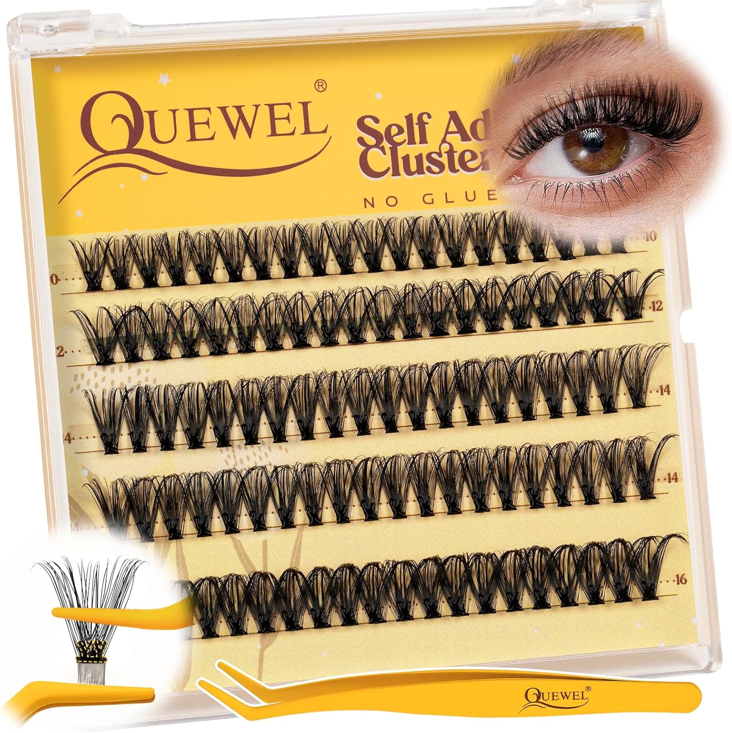QUEWEL Self Adhesive Lash Clusters Kit, Pre Glued Eyelashes Clusters, 10-16MM Strong Hold Self Adhesive Eyelashes,D Curl Press On Lashes No Glue Needed DIY Lash Extensions Kit at Home(MJ08) - Image 1