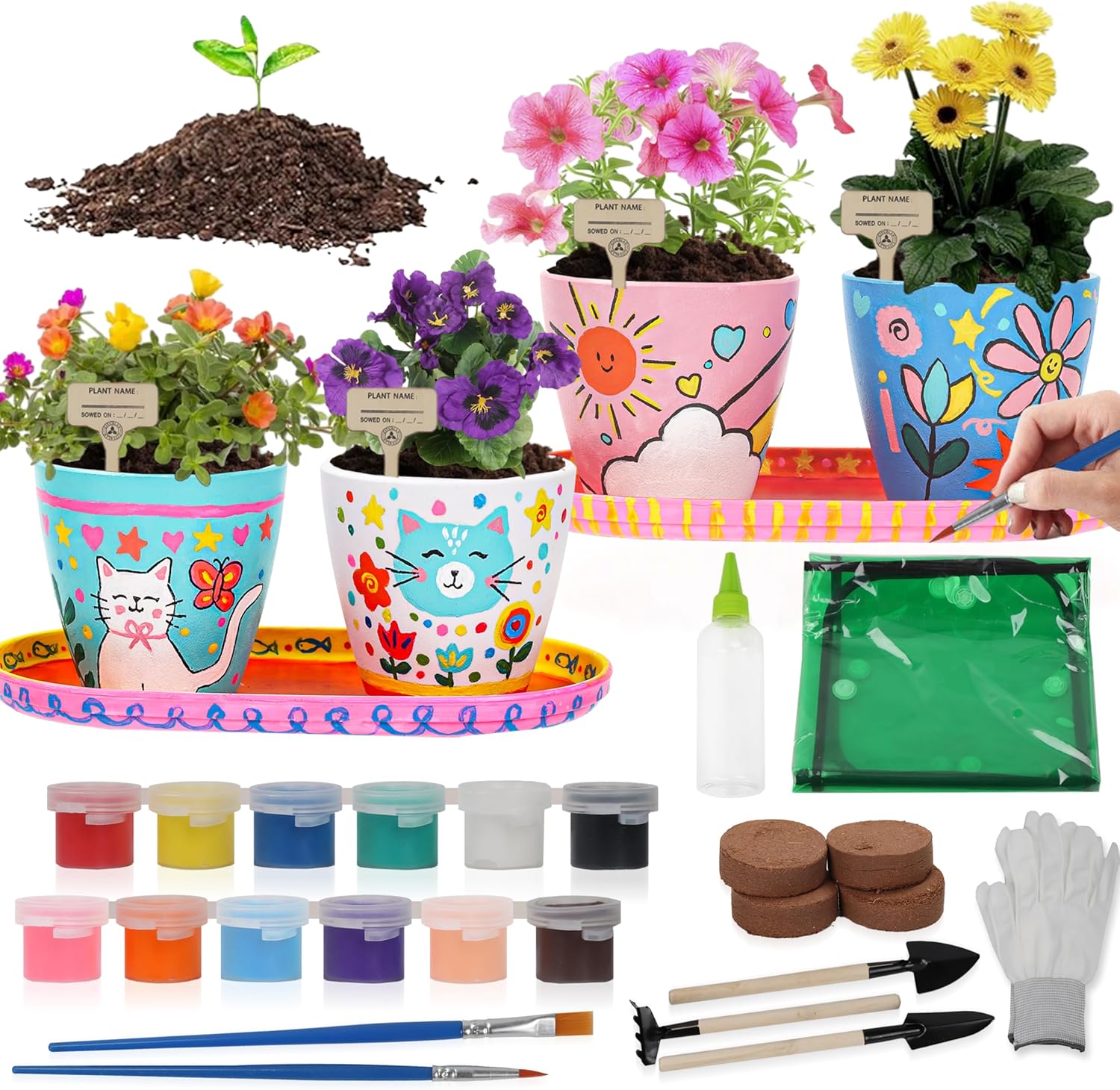 Jouetondream Paint and Plant Flower Gardening Kit front view showcasing packaging and colorful ceramic pots.