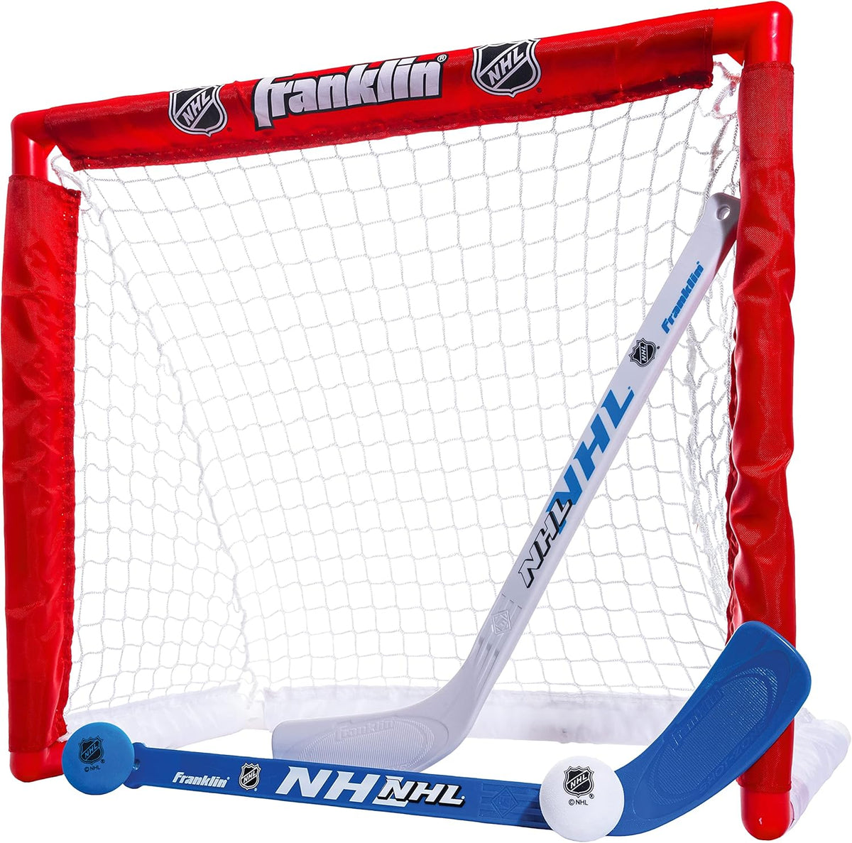 Franklin Sports NHL Kids Mini Hockey Set front view showcasing the red goal and sticks for indoor active play