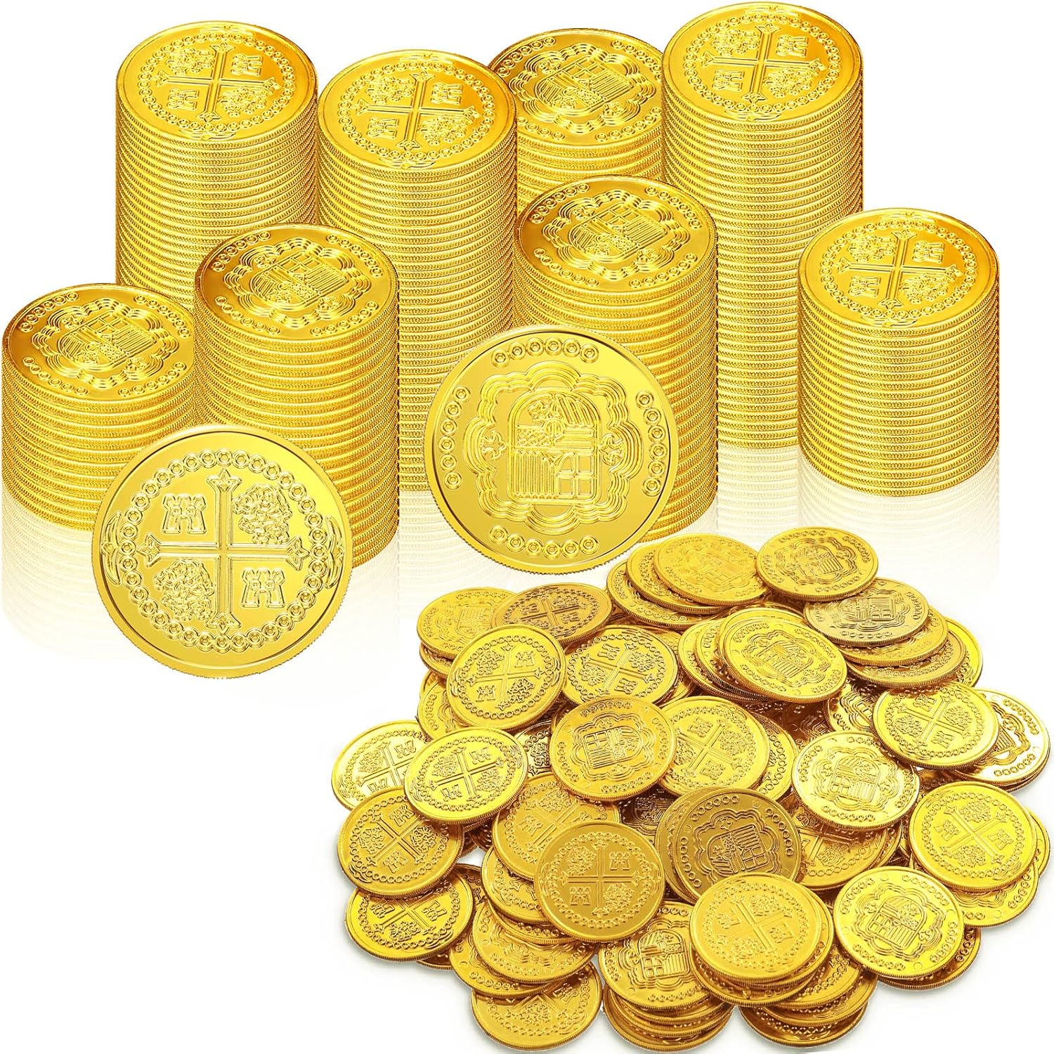 Chivao plastic gold pirate coins front view for themed birthday party decorations.