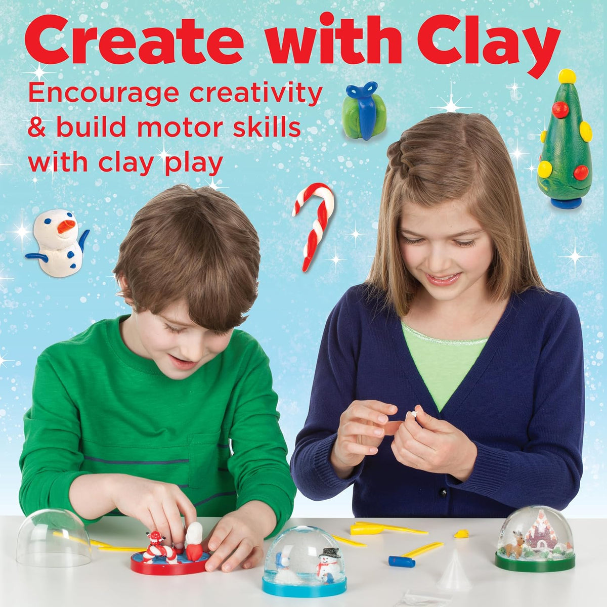 Creativity for Kids holiday snow globes kit colorful modeling clay sticks and sculpting tools.