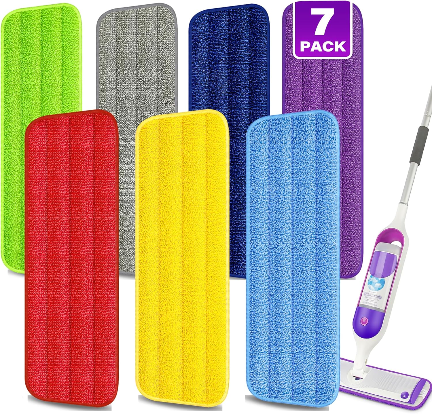 MEXERRIS reusable microfiber mop pads seven pack front view showing multiple colors