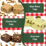 Rich caramel salted peanut and pistachio nut fudge pieces displayed beautifully