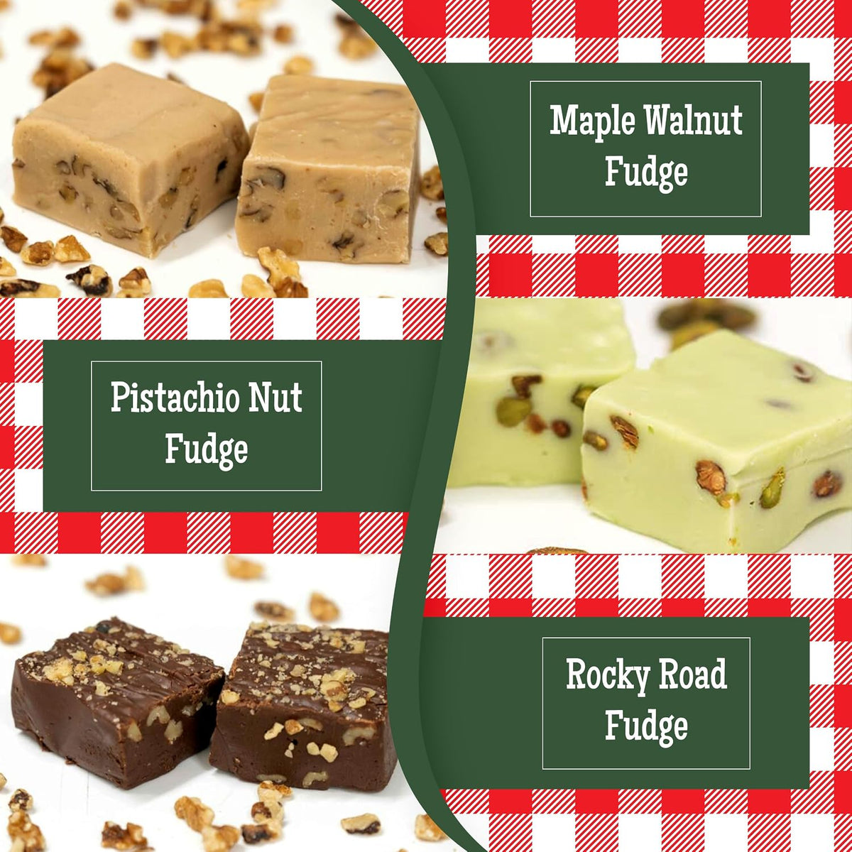 Rich caramel salted peanut and pistachio nut fudge pieces displayed beautifully