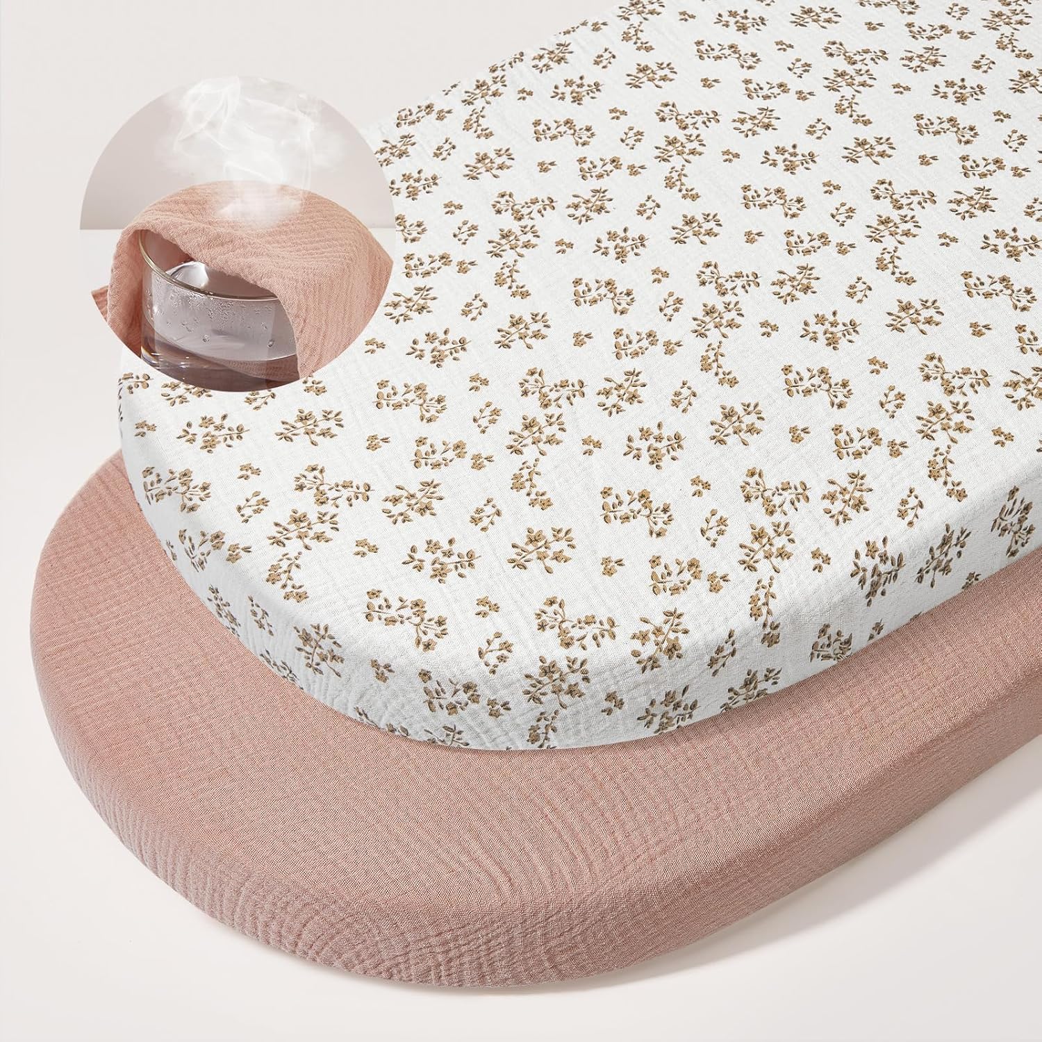 Basumee muslin bassinet sheets 2 pack front view